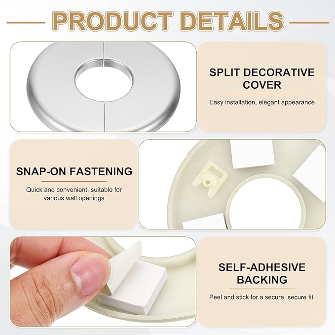PATIKIL Wall Split Flange 95mm / 3.7" OD, 4 Pcs Round Escutcheon Plate Cover PPR Plumbing Cover Plates with Self-Adhesive Tape for 33.5mm / 1.3" Dia Water Pipe Faucet, Silver