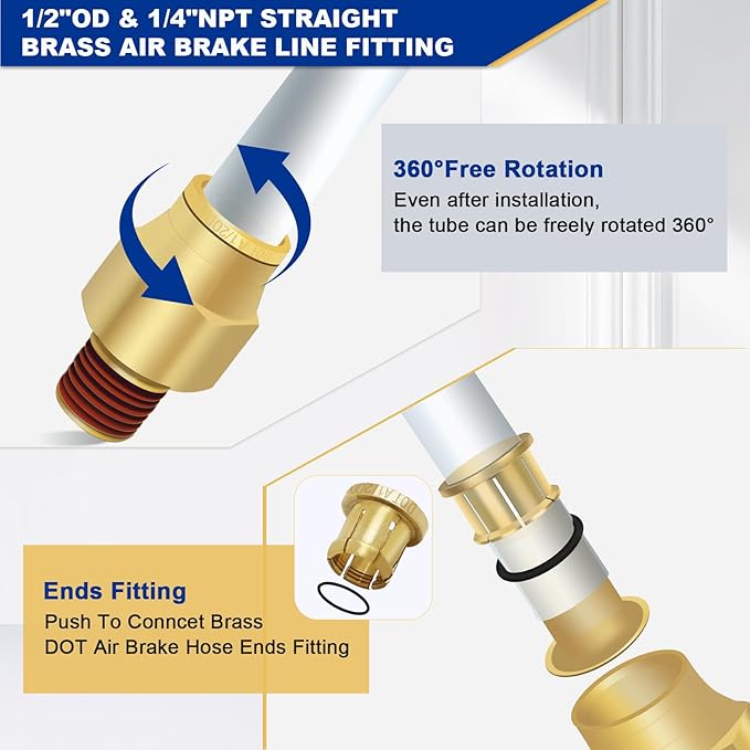 1/2" Brass Push to Connect DOT Air Brake Fittings, 3PCS Air Line Quick Connect Fittings 1/2" Tube OD x 1/4" NPT Connector Tube to Male Pipe for Truck Trailers Air Brake System