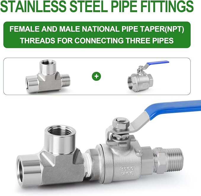 TAISHER 2PCS Forging of 304 Stainless Steel Tee Pipe Fittings, 1/8" NPT Female x 1/8" NPT Female x 1/8" NPT Male Pipe Fittings, Male Run Tee