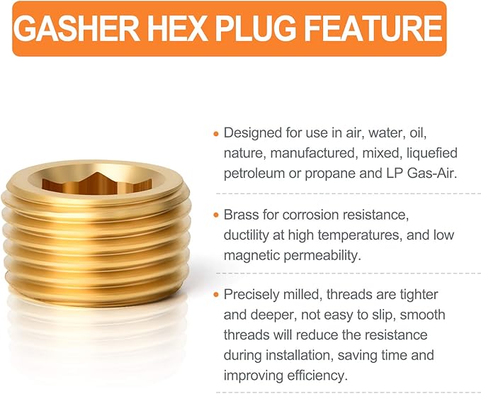 GASHER 25Pcs Brass Pipe Fitting,1/8" 1/4" 3/8" 1/2" 3/4" NPT Brass Internal Hex Thread Socket Pipe Plug Set