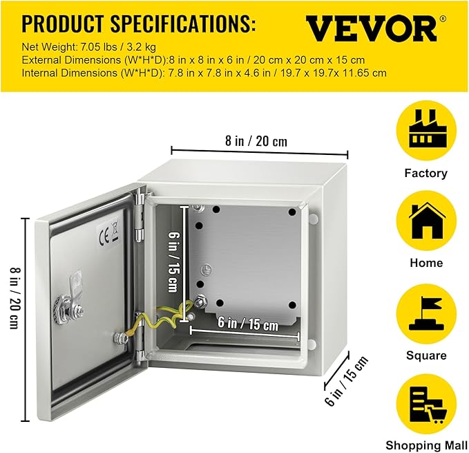 VEVOR NEMA Steel Enclosure, 8 x 8 x 6'' NEMA 4X Steel Electrical Box, IP66 Waterproof & Dustproof, Outdoor/Indoor Electrical Junction Box, with Mounting Plate