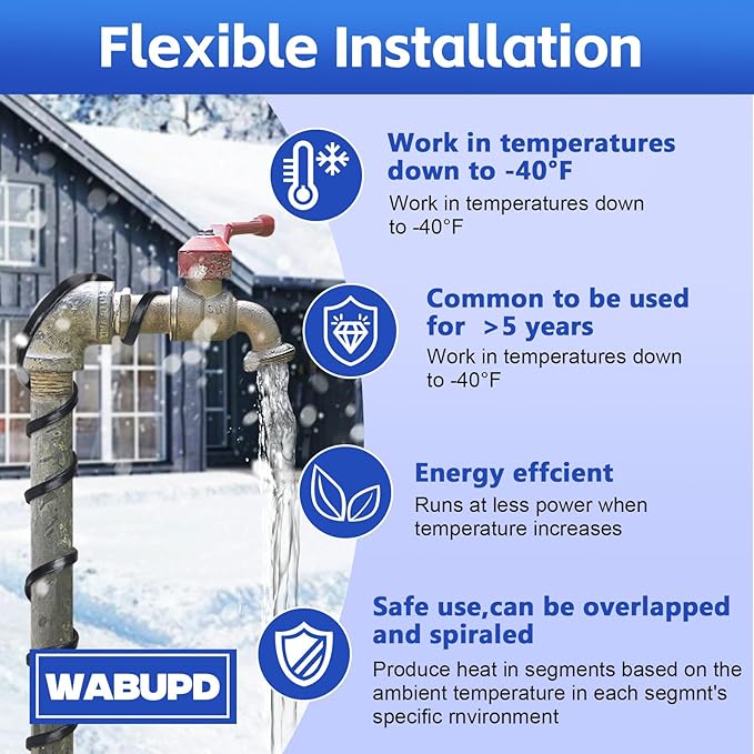 15FT Heat Tape for Water Pipes, -40°F Deicing Pipe Heat Cable,Electric Heating Cable Pipe,Frezze Protection for Heat Trace Cable for Metal, Plastic Home Pipes,Gutter,120V 5W/ft（15FT）