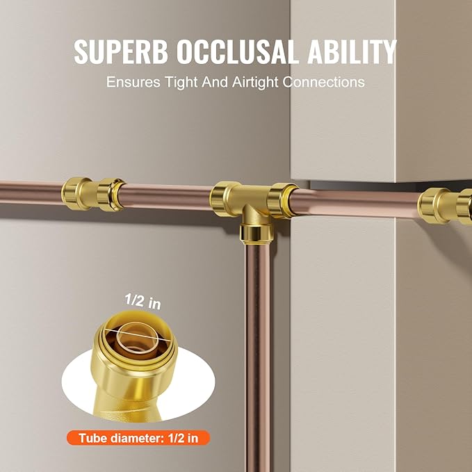 VEVOR Pipe Fittings, 1/2" 12PCS Tee Brass Pipe Fittings, Push-Fit Pipe Connector Brass Air Fittings, Heavy Duty Plumbing Fittings Adapter for Heating/Shower Systems, Water Pipes