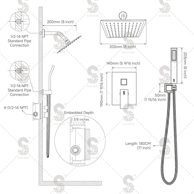 SR SUN RISE Shower Faucet - 8 Inch Shower System with Rain Shower Head and Handheld Spray - Shower Faucet Trim Repair Kits with Diverter Valve - All Metal Shower Set - Matte Black