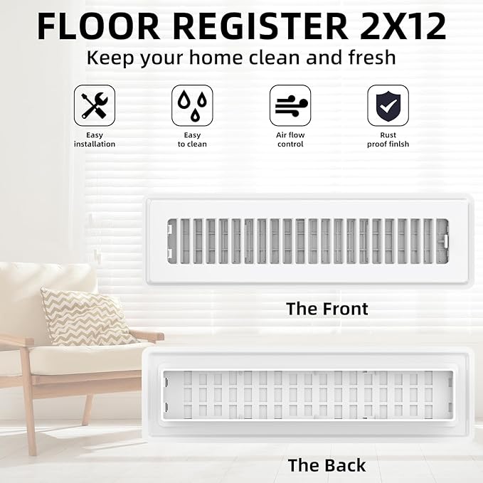 Floor Register 2x12-4 Pack Vent Covers for Home Floor Heavy Duty Steel Walkable Easy Adjust Air Supply Lever Cover for Sidewall, White