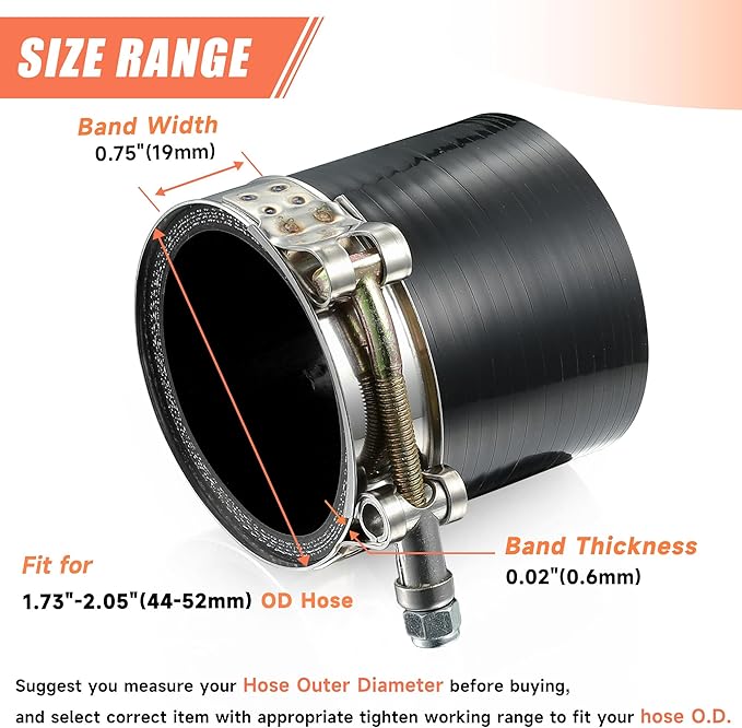 4 Pack 1.5" T-Bolt Hose Clamps, 304 Stainless Steel Turbo Intake Clamp, Working Range 1.73"-2.05"(44mm-52mm) for 1.5" I.D. Hose with 5mm Wall Thickness