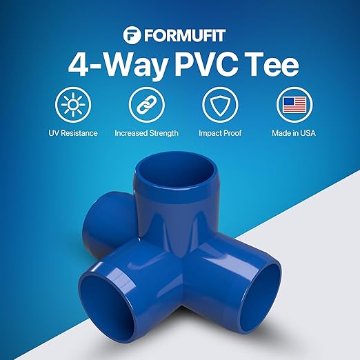 FORMUFIT 3/4” 4-Way Tee Furniture Grade PVC Fitting in Blue, Made in USA, UV-Resistant, Impact-Proof, 1.050” Actual Socket Diameter (Pack of 8) - F0344WT-BL-8