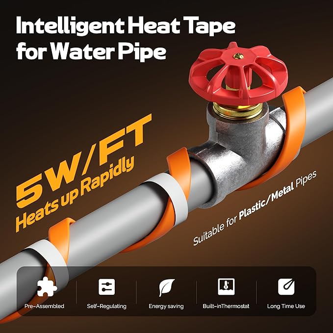 Heat Tape for Water Pipes with Thermostat, Anti-Freeze Heater, Electric Heat Tape, Keeps Water Flowing at -22℉/-30℃, 30FT with Leakage Protector, Orange, UL&ETL Listed 120V