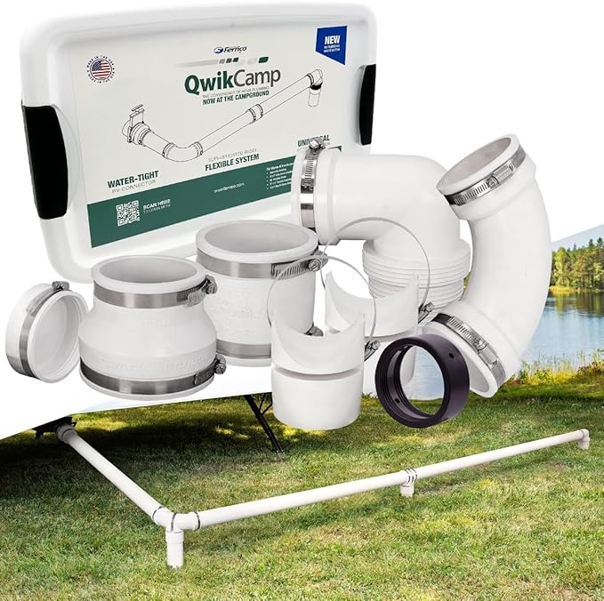 Fernco QwikCamp RV and Camper Sewer Waste Plumbing Connection System Kit with Slip Fit Coupling Adapter for 3-in. PVC Pipe and Pipe Stands in White