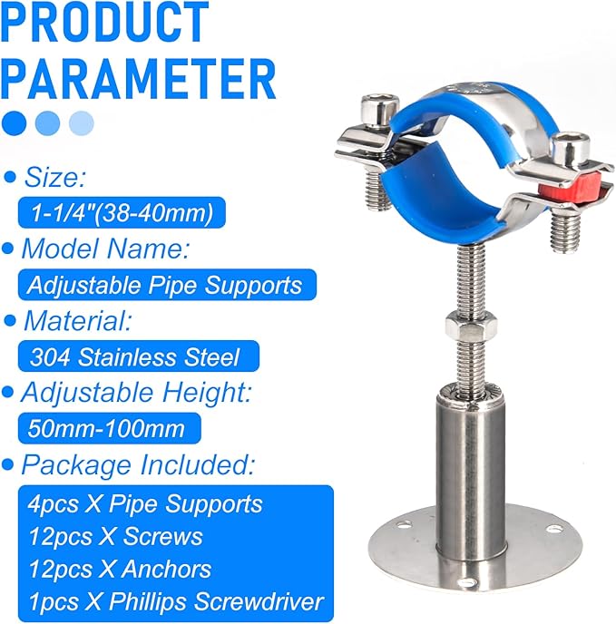 Kodilin 4PCS 304 Stainless Steel Wall Mount Ceiling Mount Pipe Supports,Suitable for OD Pipe 1-1/4"(38-40mm),Adjustable Height 50-100mm,Adjustable Pipe Strap Clamp with Screws