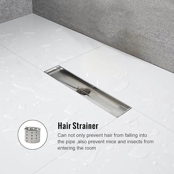 Linear Shower Drain, 12 inch Drain with Removable Grate Cover, Brushed 304 Stainless Steel Shower Floor Drain, Linear Drain with Hair Strainer and Adjustable Feet
