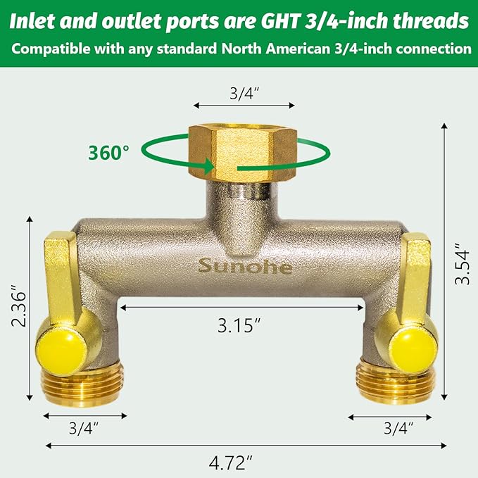 Garden Hose Splitter, Water Hose Splitter 2 Way Heavy Duty Brass Nickel Plated, Extended Metal Handle 3/4-Inch Hose Manifold, Rust and Freeze Resistant High Flow Outdoor Faucet Splitter