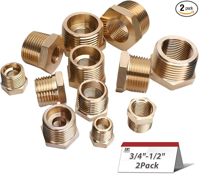 3/4" NPT Male Thread x 1/2" NPT Female Thread Brass Reducing Bushing (Pipe Fitting), 1200 PSI (Pack of 2)