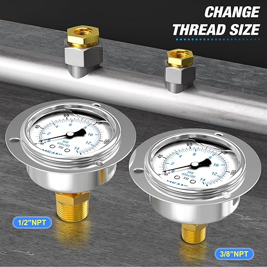 MEANLIN MEASURE 0~200Psi Liquid Filled Pressure Gauge Front Flange Panel Mount, 1/4" NPT 2.5" FACE DIAL Stainless Steel Case with Phillips Screw, Nut and Brass Hex Bushing, +/-3-2-3%