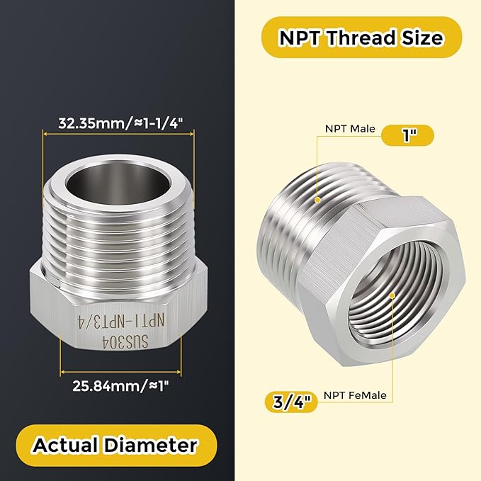 METALLIXITY 3PCS 1" Male NPT x 3/4" FeMale NPT Thread 304 Stainless Steel Hex Bushing Extension Tube Adapters Convert for Water Tub Spout/Shower