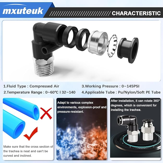 mxuteuk 1/4" Push to Connect Fittings,1/4" OD to 1/4" NPT Air Hose Fittings,1/4" Quick Connect Fitting,Pneumatic Elbow and Straight Combination(12PCS)