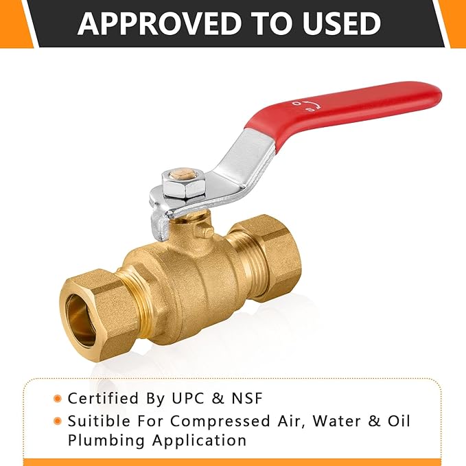 20 PCs HeSun Compression Ball Valve, 1/2'' Compression Brass Full Port Shut-off Valve, 600 WOG (Water, Oil and Gas), Red(VALVE114-20)