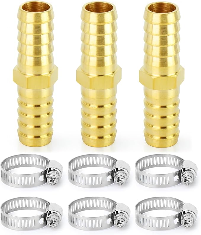 ChillWaves Brass Hose Barb Fittings, Splicer Mender Union 1/2" Barb x 1/2" Barb with Hose Clamp Hose Repair Kit For Water/Fuel/Air(3-PACK)