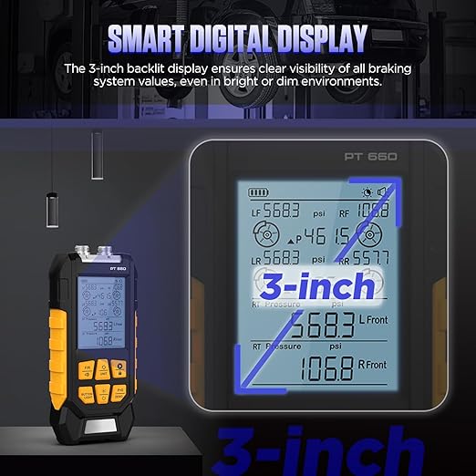 Manometer, Brake System Pressure Tester with 11 Adapters, 3 Units Switch, Magnetic Back, Smart Alarm Notification, Dual-Port Digital Brake Pressure Tester, 10-21000Kpa, PT660