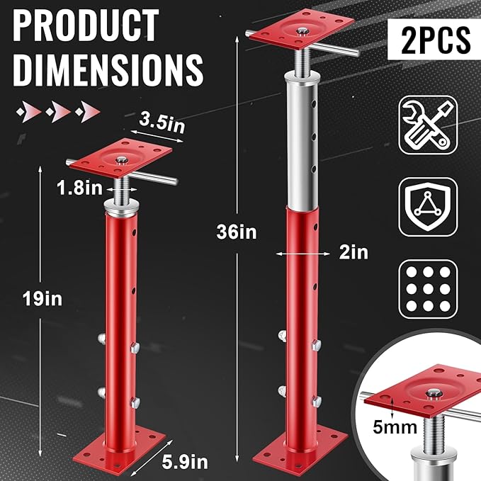 2 Pcs Adjustable Jack Post, 19"-36" Height Range, Basement Floor House Screw Jacks for Lifting Joist Beam Brace for Cellar Ceiling, Center Point Load Capacity 11023 Lbs, Red