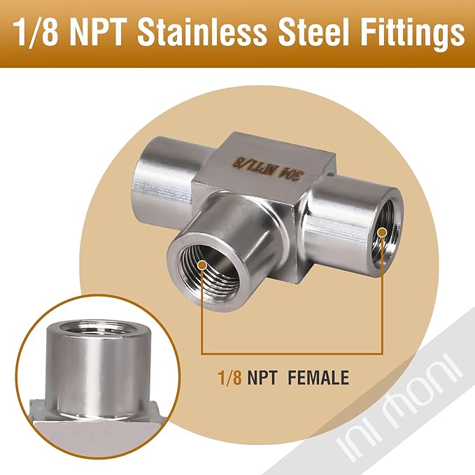 tee pipe fitting NPT 1/8 female 3 ways T adapter, stainless steel 304 forged hose fitting tee shaped pipe connector, heavy duty 4350 psi