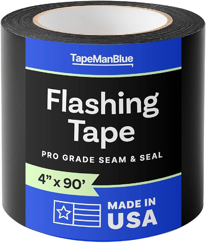 Flashing Tape for Windows and Doors, 4 in x 90 ft Roll, Made in USA, Black Self-Adhesive Flashing Tape Waterproof, UV Resistant, Acrylic Adhesive, Great for Sealing Doors, Windows, Panel Seams (1)