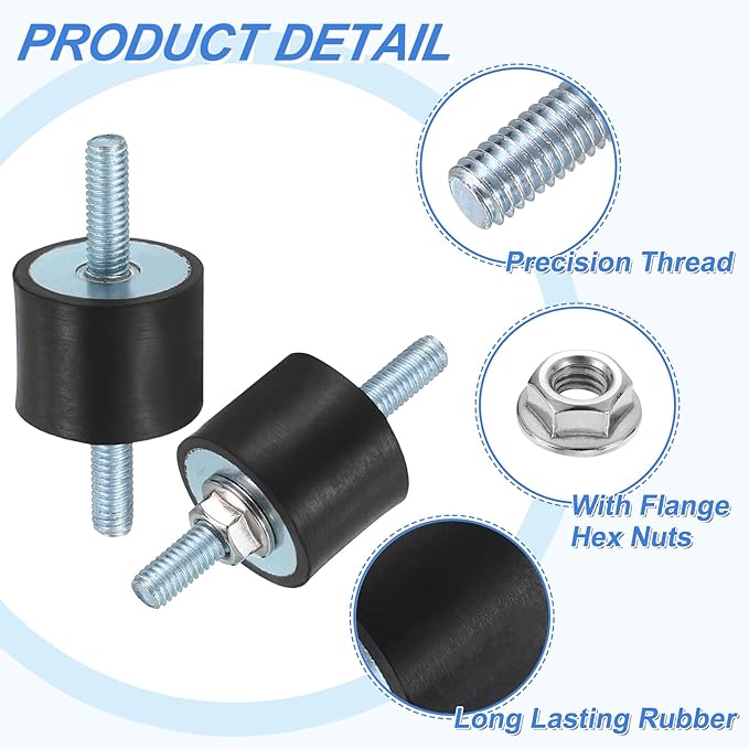 uxcell 4Pcs M6 x 18mm Rubber Mounts, 20 x 25mm Cylindrical Anti Vibration Isolator Studs Shock Absorber Double Studs with Nuts for Car Bobbin Generator Air Compressors