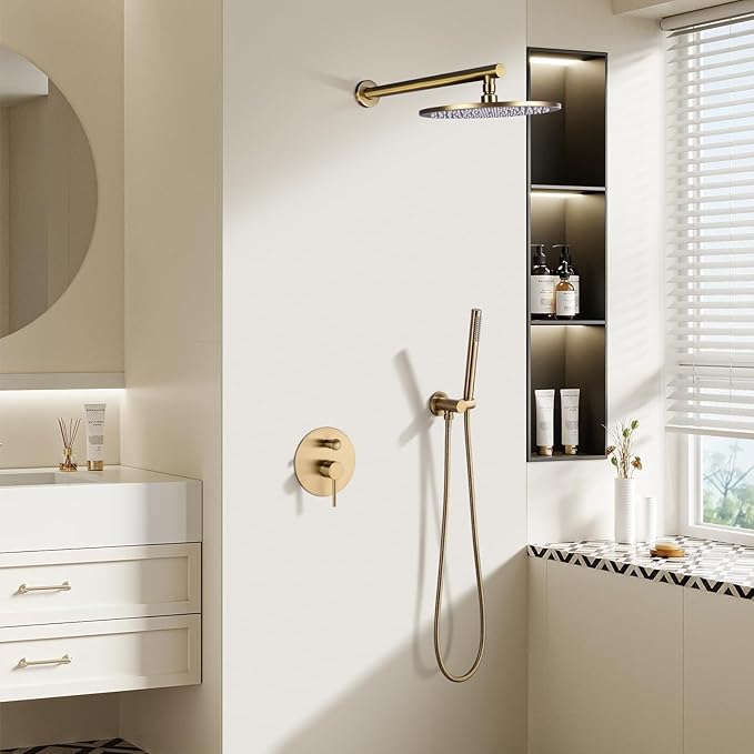 TRUSTMI Brushed Gold Shower System Pressure Balance 10 Inch Rainfall Shower Set with Brass Rough-In Diverter Valve and Trim Kit, Wall Mounted