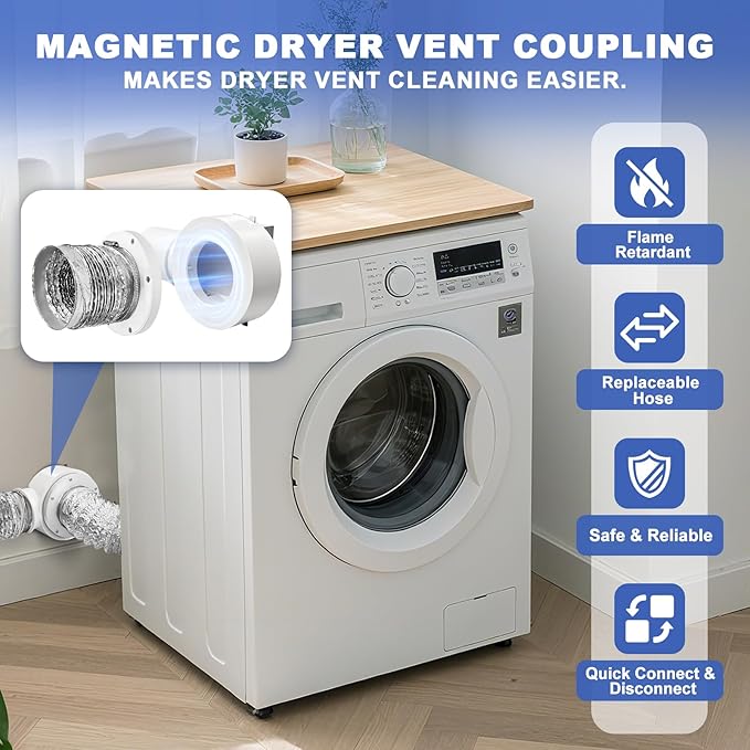 90° Magnetic Dryer Vent Coupling with 4 inch Hose,Strong Magnetic Self-connection Dryer Vent Coupler,Magnetic Dryer Vent Connector Kit for Connection and Disconnection