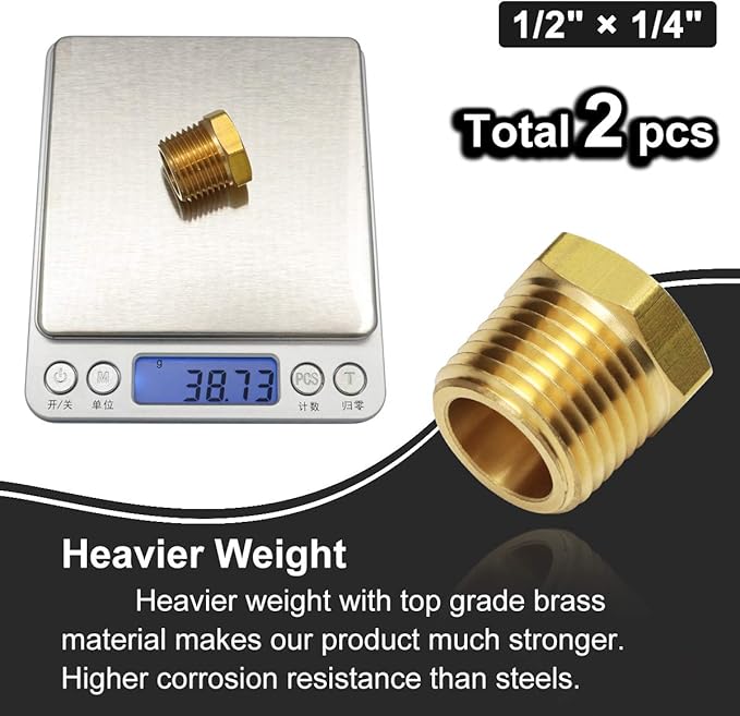 2pcs 1/2 Inch NPT Male to 1/4 Inch NPT Female Reducer Brass Pipe Hose Tube Fitting Reducing Hex Head Bushing Adapter Convert