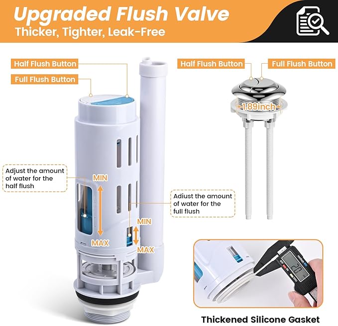 2-Inch Dual Flush Valve Replacement Kit for 2-Piece Toilets, Universal Toilet Repair Kit with Push Button, Fill Valve, Gasket & Bolts,Compatible with Glacier Bay, Kohler, American Standard, and Toto
