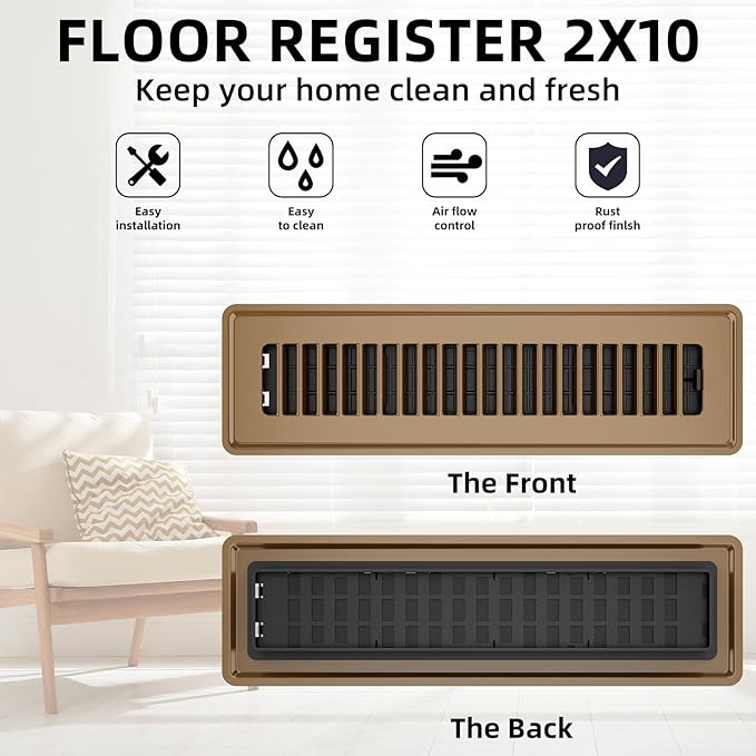 Floor Register 2x10, 4 Pack Floor Vent Covers for Home Floor Heavy Duty Steel Walkable Floor Vents Air Vent Covers for Sidewall and Floor, Brown