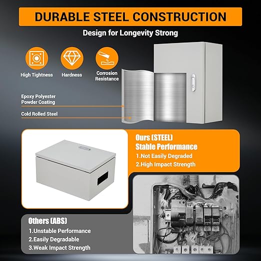 Outdoor Electrical Box, 14"x10"x6" NEMA 4X Steel Enclosure, IP67 Waterproof & Dustproof, Lockable Electrical Junction Box with Mounting Plate and 2 Keys, Indoor and Outdoor Use