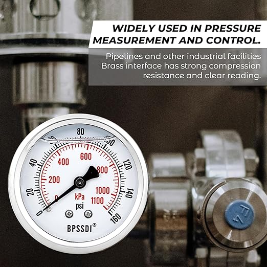 0-160 Psi Glycerin Liquid Filled Low Pressure Gauge, 2.5" Dial Size, 1/4" NPT Back Mount, 304 Stainless Steel Case, for Water Pipe, HVAC, Water Oil Air Pressure Test