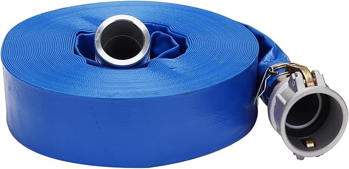 Lay-Flat Pool Backwash Hose - 2" x 100Ft with Aluminum Camlock C & E Fittings Reinforced Heavy Duty PVC Discharge Hose Weather-Proof Vinyl Pool Drain Hose for Water Transfer