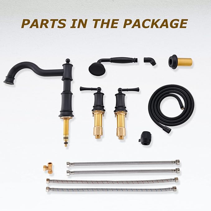 Roman Bathtub Faucet Set With Hand Shower 4 Hole Deck Mount Tub Filler With Diverter, 2 Lever Handle Rough-in Valve and Water Supply Lines Included for Bathroom Tub, Matte Black
