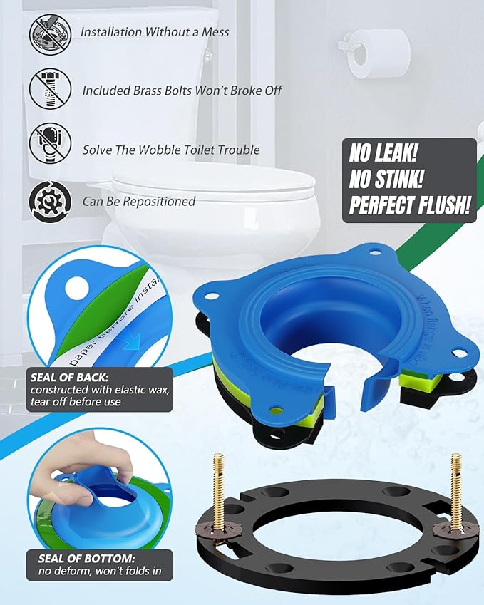Toilet Flange Repair Kit- Include Flange & Elastic Wax Ring Gasket with Brass Bolts and Hardware, Universal Rubber Toilet Wax Ring Replacement Kit, Better Than Wax Toilet Seal