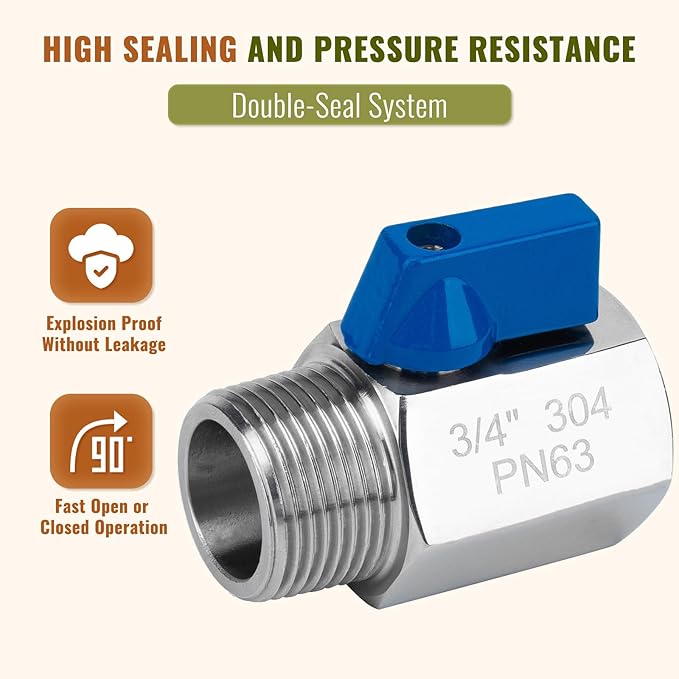 2 Pack 3/4" Mini Ball Valve, 304 Stainless Steel Shut-Off Valve NPT Female x Male Thread Small Valves for Compact Space (2, 3/4 Inch)