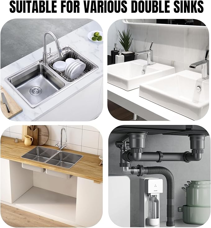 Expandable Flexible 1 1/2" or 1 1/4" Pipe kit for Double Kitchen Sink, All-In-One-Drain Kit for Double Bowl Sinks, Space saving, Suitable for Kitchen, Bathroom, Restroom