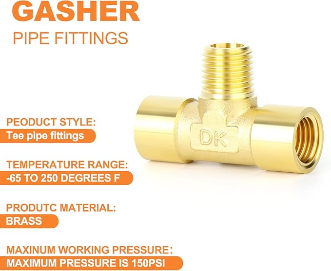 GASHER 2PCS Brass 3 Way Pipe Fitting Male Branch Tee T Adapter 1/4" NPT Female x 1/4" NPT Male x 1/4" NPT Female