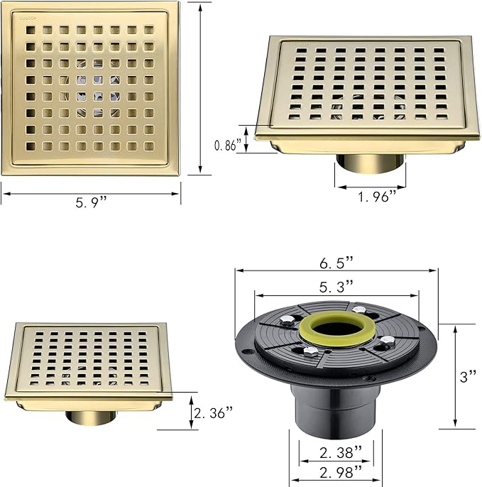 Shower Drain 6 Inch Brushed Gold,Stainless Square Shower Floor Drain Kit with Tile Insert Grate Removable Multipurpose Invisible Look or Flat Cover, with Threaded Adapter