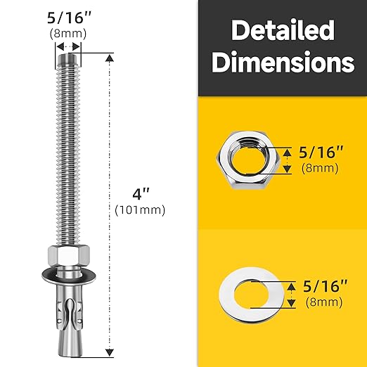 Mywish 5/16 x 4 Inch Wedge Anchors, 10Pcs 304 Stainless Steel Industrial 5/16 Heavy Duty Industrial Masonry Wdege Anchor Bolts for Brick Cement and Concrete, Bright Finish