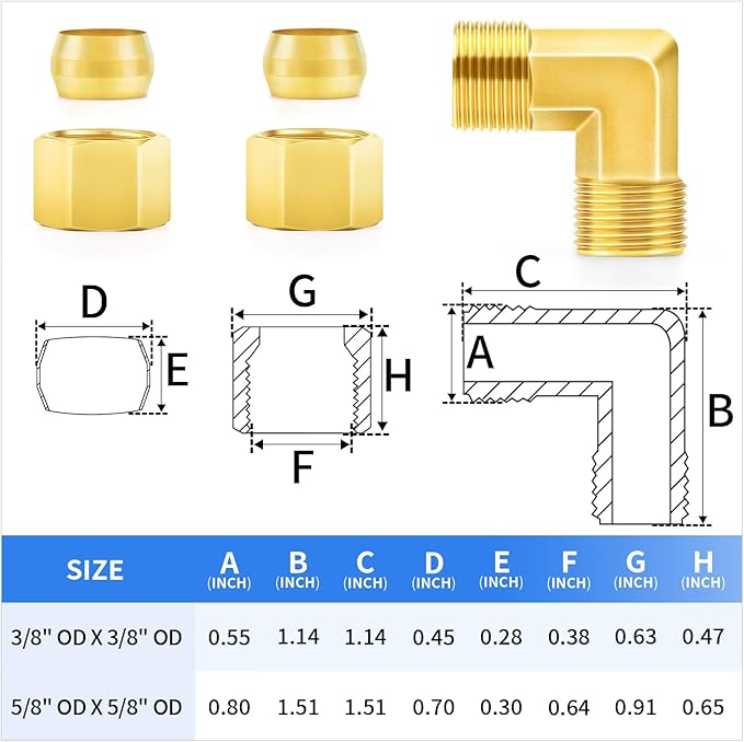 ChillWaves Brass Compression Tube Fitting, 5/8" OD x 5/8" OD 90 Degree Elbow Compression Union Connector(2-PACK)