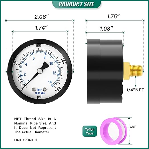 0-200PSI Well Pump Pressure Gauge 2" Dial Size, 1/8" NPT Back Mount, 3-2-3% Accuracy, for Tube, Water Pump, Gas, Liquid, Pressure Test