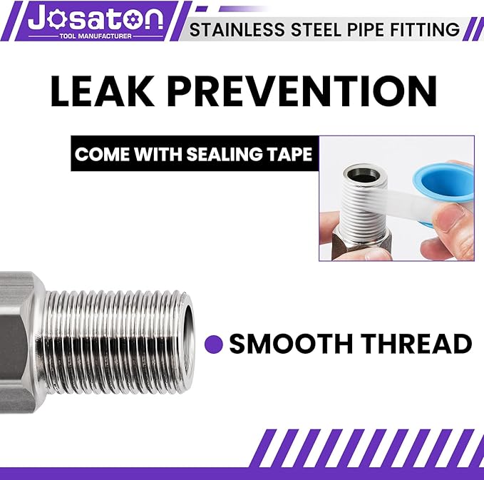 5-Pack Stainless Steel Extension Pipe Fitting, Josaton 1/2" Female to 1/2" Male Pipe Extension Fittings Connector for Tub Spout/Shower, Hex Bushing Converter Adapter, 30MM/40MM/50MM/70MM/100MM Length