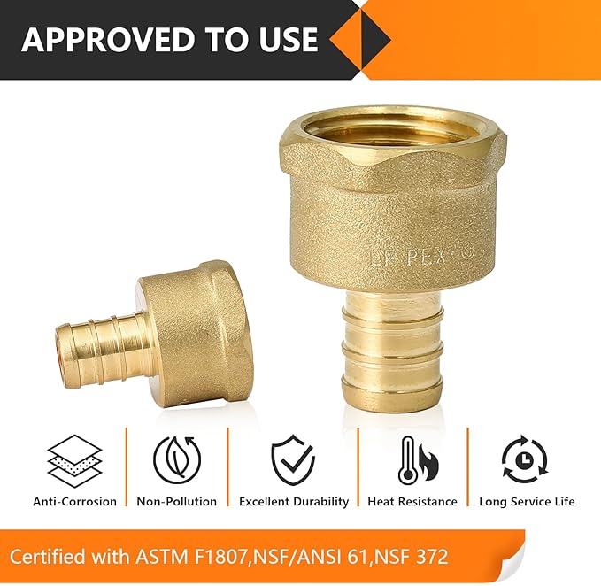 10-Pack HeSun PEX Fittings, 1/2" PEX x 1/2" Female NPT, 1/2 Inch Brass Crimp Female Adapter, ASTM F1807(PEX1807035)