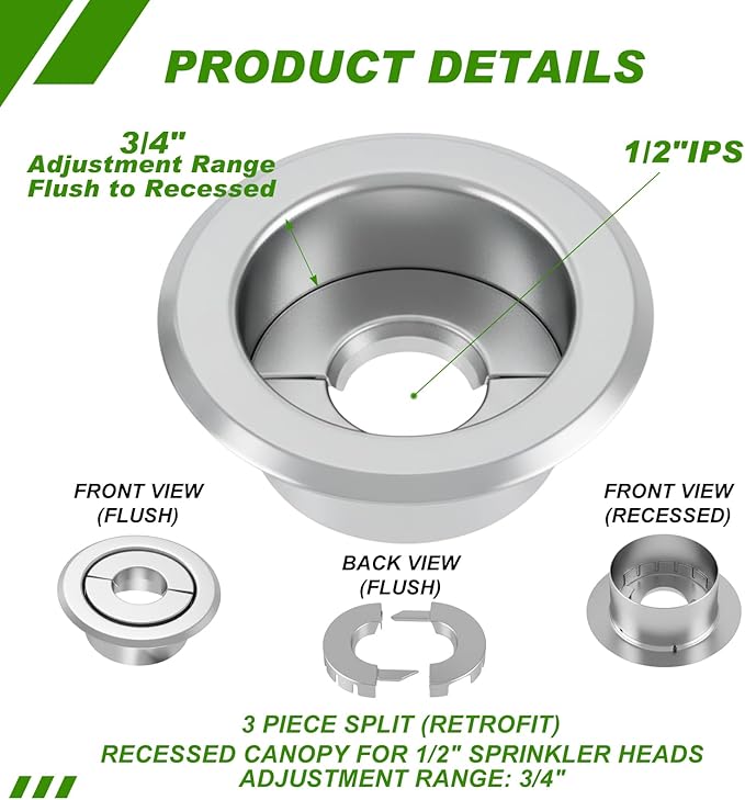 Shimeyao 12 Pcs Retrofit Recessed Fire Sprinkler Escutcheon 1/2" IPS Split 3 Piece in Depth Adjustment Range up to 3/4" for Fire Sprinkler Trim Ceiling (Silver)