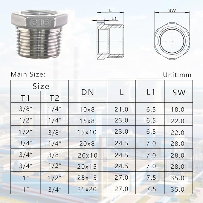 316 Stainless Steel Hex Bushing Reducer, 3/8" NPT Male to 1/4" NPT Female Pipe Fitting Adapter - Corrosion Resistant Connector for Plumbing, Hydraulic, Air, Oil & Gas Systems (3/8" to 1/4")