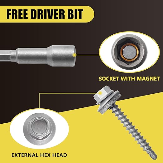 250pcs #10 x 1-1/2" Galvanized Hex Head Self-Drilling Metal Roofing Screws, EPDM Washer, No Paint, Sheet Metal Roof Screw with Hex Driver Bit