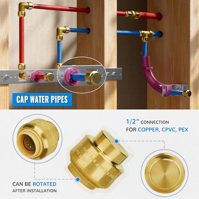 SUNGATOR 6-Pack Push Fit PEX End Cap, 1/2-Inch Push-to-Connect, No Lead Brass Plumbing Fittings with Disconnect Clip for Copper, CPVC